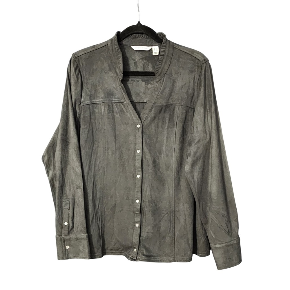Canyon Retreat Womens‎ Long Sleeve Button Front Shirt Gray Faux Suede, Large